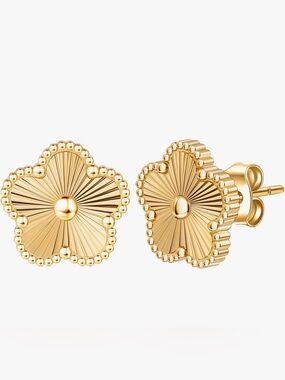 Gold Plated Clover Floral Stud Earrings - Women Jewelry